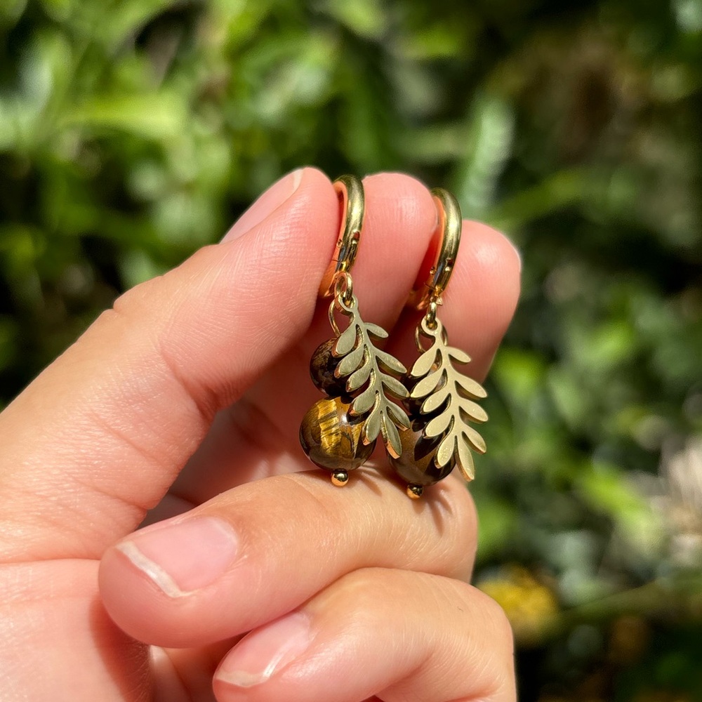 18K Gold Plated Stainless Steel Tiger Eye Stone with Gold Leaf Earrings